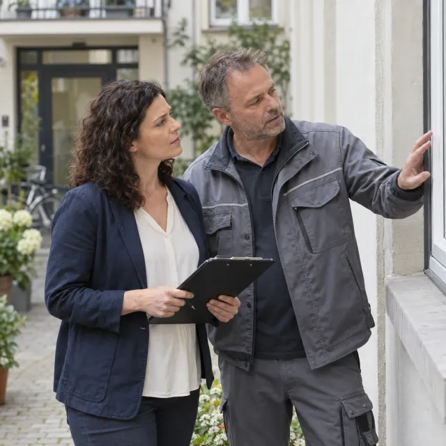 Symbolbild: Verwalterin und Handwerker prüfen ein Fenster