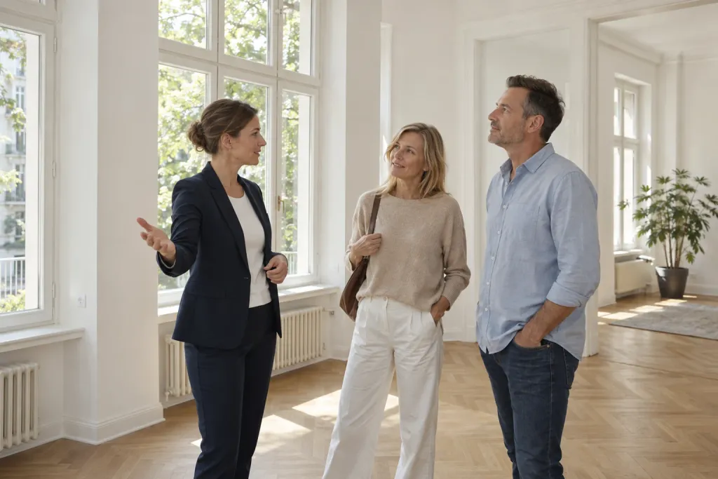 Symbolbild: Maklerin zeigt Kaufinteressenten eine helle Wohnung