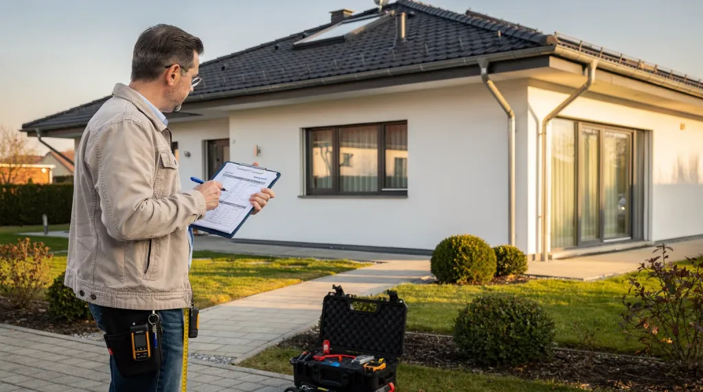 Symbolbild: Ein Gutachter mit Klemmbrett begutachtet ein Einfamilienhaus, vor ihm ein geöffneter Messkoffer